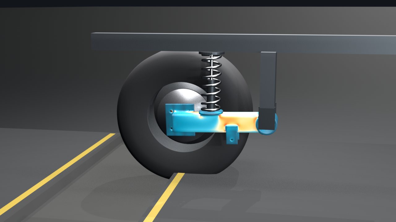 Simulated rear corner of a light truck striking a 3 in pothole at 20 mph, with the welded trailing arm in stress colors